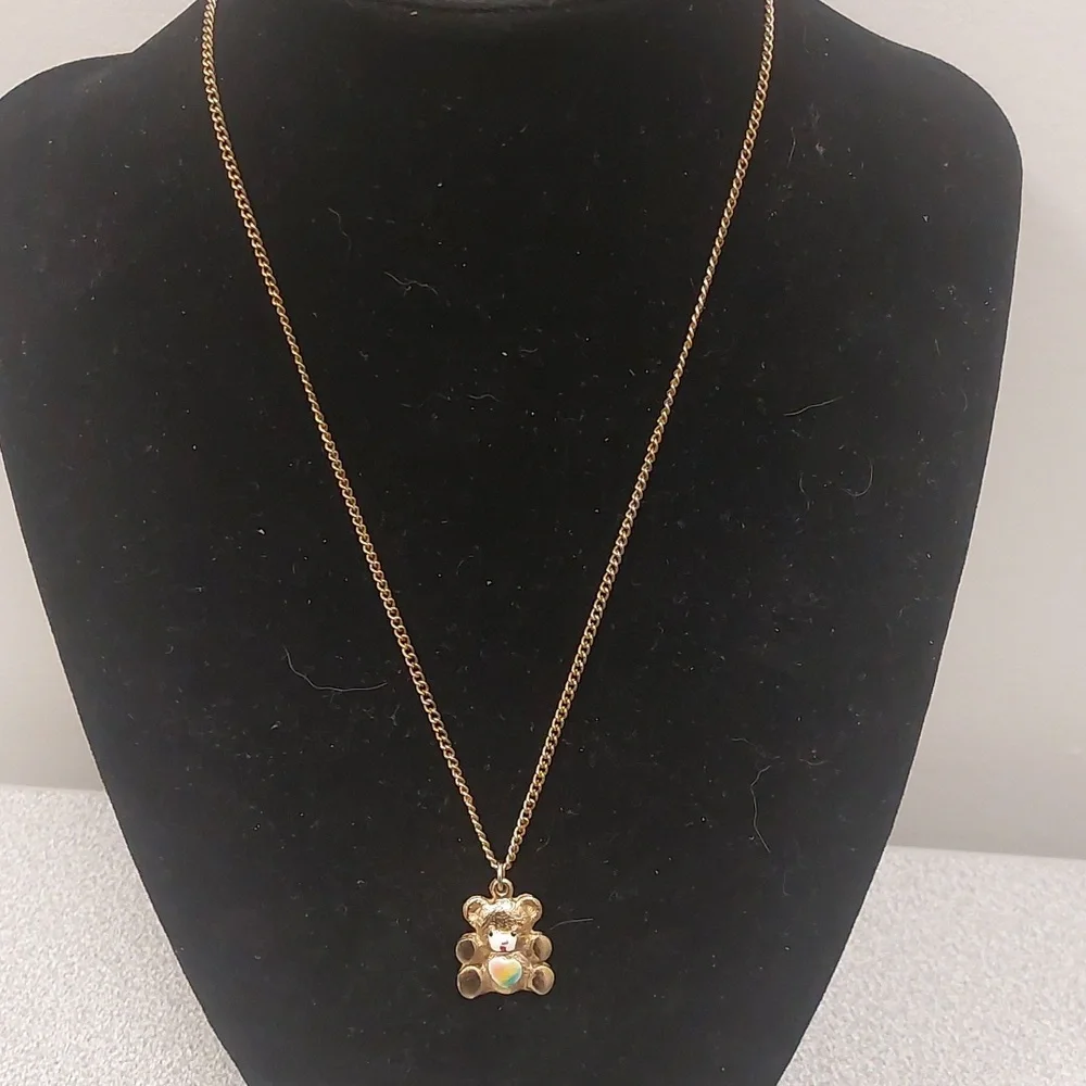 Vintage Gold Toned Teddy Bear Heart Rainbow Belly Pendant  Necklace on Chain